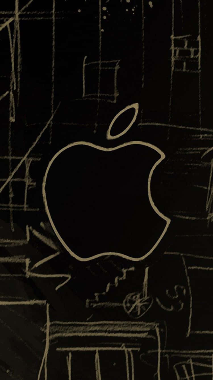 Creative iPhone 桌布 壁紙 — 在帶有抽象建築草圖的深色紋理背景上，用粉筆繪製的極簡Apple標誌。