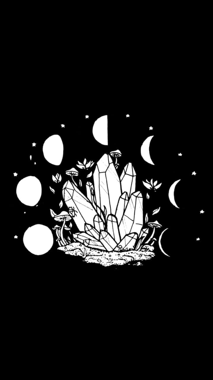 Witch Aesthetic 桌布 壁紙 — 在帶有月亮和星星的天穹下，水晶形成物和蘑菇的鮮明黑白線條畫。