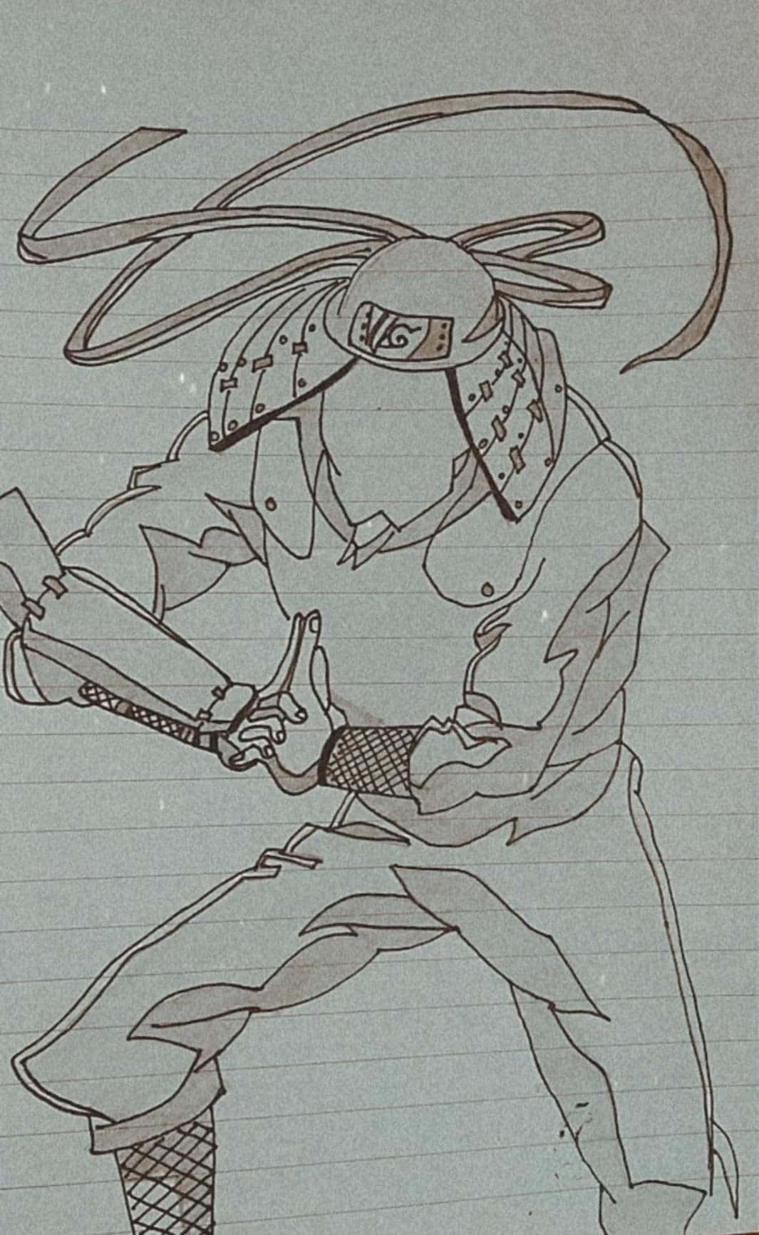 Third Hokage 桌布 壁紙 — 在帶有橫線的筆記本紙上，一個戴著面具的忍者擺出戰鬥姿勢的動態線條草圖。