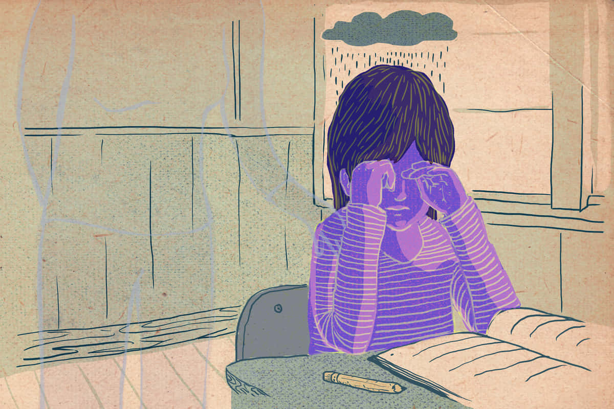 grief 桌布 壁紙 — 在帶有紋理的插圖中，一個人坐在辦公桌前，雙手遮臉，窗外正下著雨。
