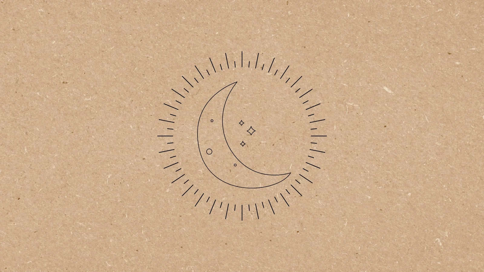Brown Minimalist 桌布 壁紙 — 在帶有紋理的棕色紙上，一個圓形太陽爆發圖案內有細小星星的簡約黑色線條新月圖案。