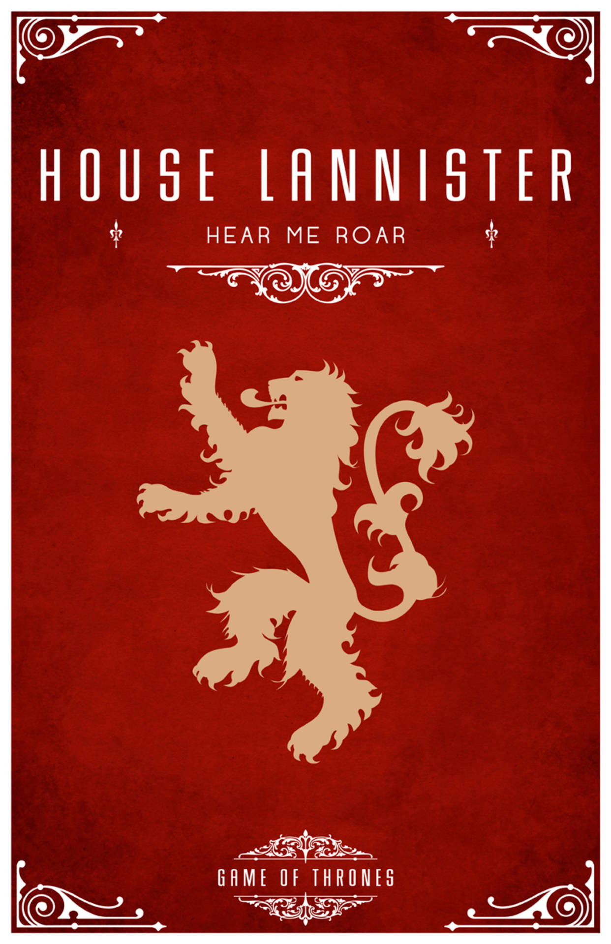 House Lannister 桌布 壁紙 — 在帶有紋理的深紅色背景上，一隻大膽的金色獅子躍立，飾有華麗的白色邊框和「House Lannister」文字。