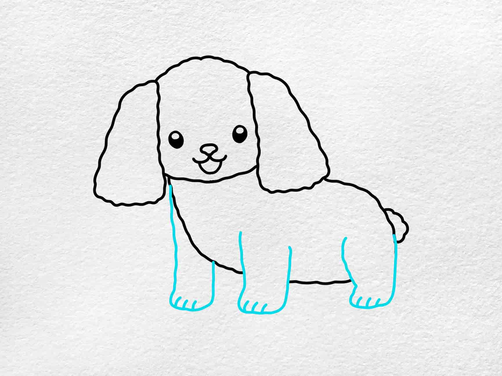 Easy Dog 桌布 壁紙 — 在帶有紋理的白色紙上，一個簡單的線條畫，畫著一隻可愛的小狗，有垂下的耳朵和微笑的臉。