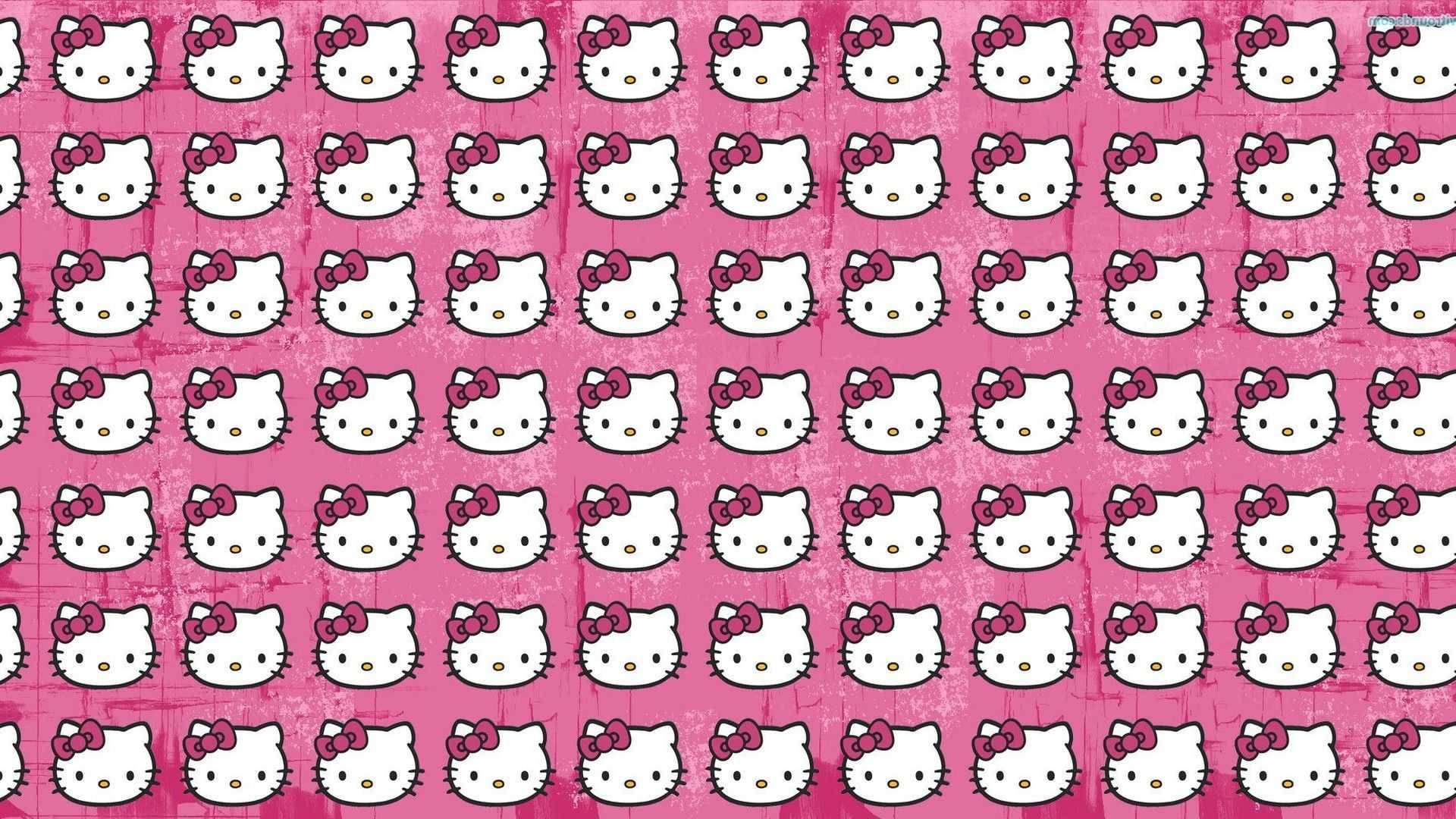 Hello Kitty 桌布 壁紙 — 在帶有紋理的粉紅色背景上，重複出現白色Hello Kitty臉孔並配上粉紅色蝴蝶結的圖案。