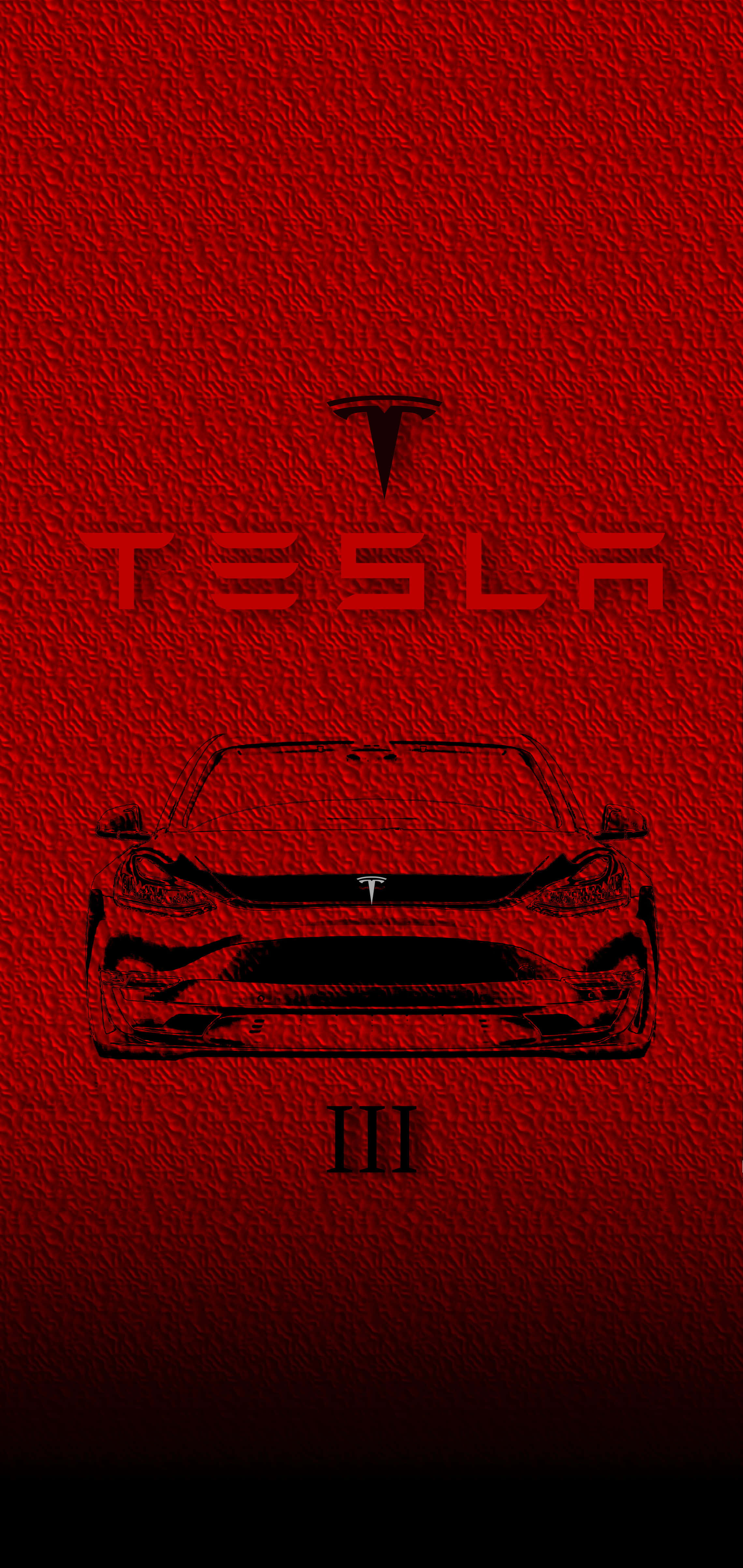 Tesla iPhone 桌布 壁紙 — 在帶有紋理的紅色壁紙上，Tesla 汽車的簡約黑色輪廓，配有 Tesla 標誌和羅馬數字 III。