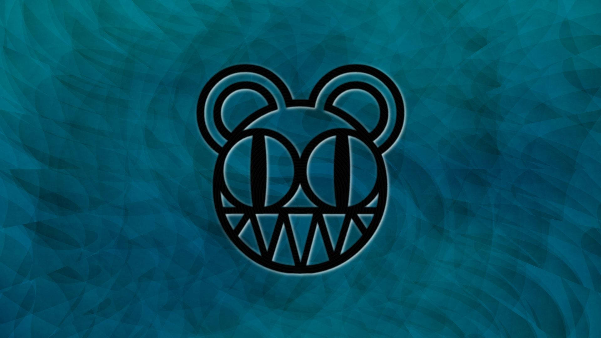band 桌布 壁紙 — 在帶有紋理的青綠色背景上，以極簡黑色線條繪製的風格化熊臉，具有鋒利的牙齒和大眼睛。