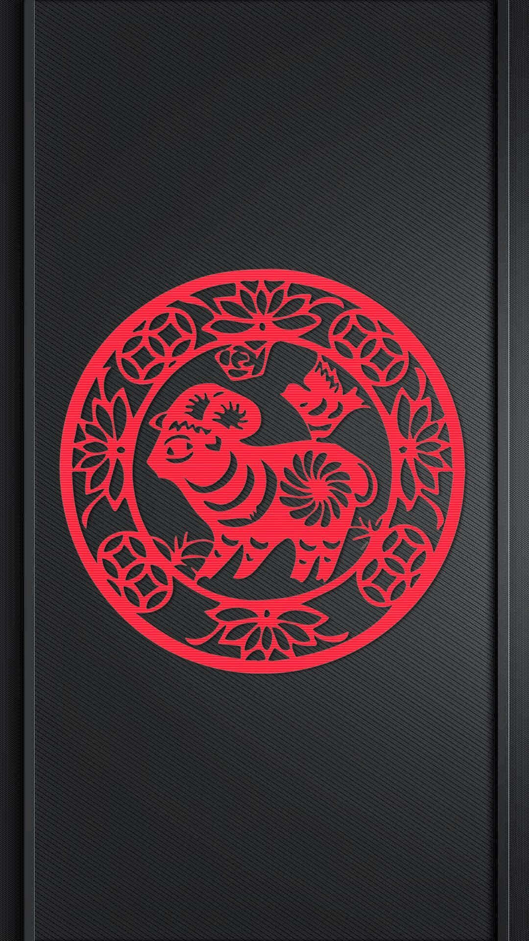 桌布 壁紙 — 在帶有紋理的黑色背景上，一個圓形框架內充滿活力的紅色剪紙公牛和兒童設計。
