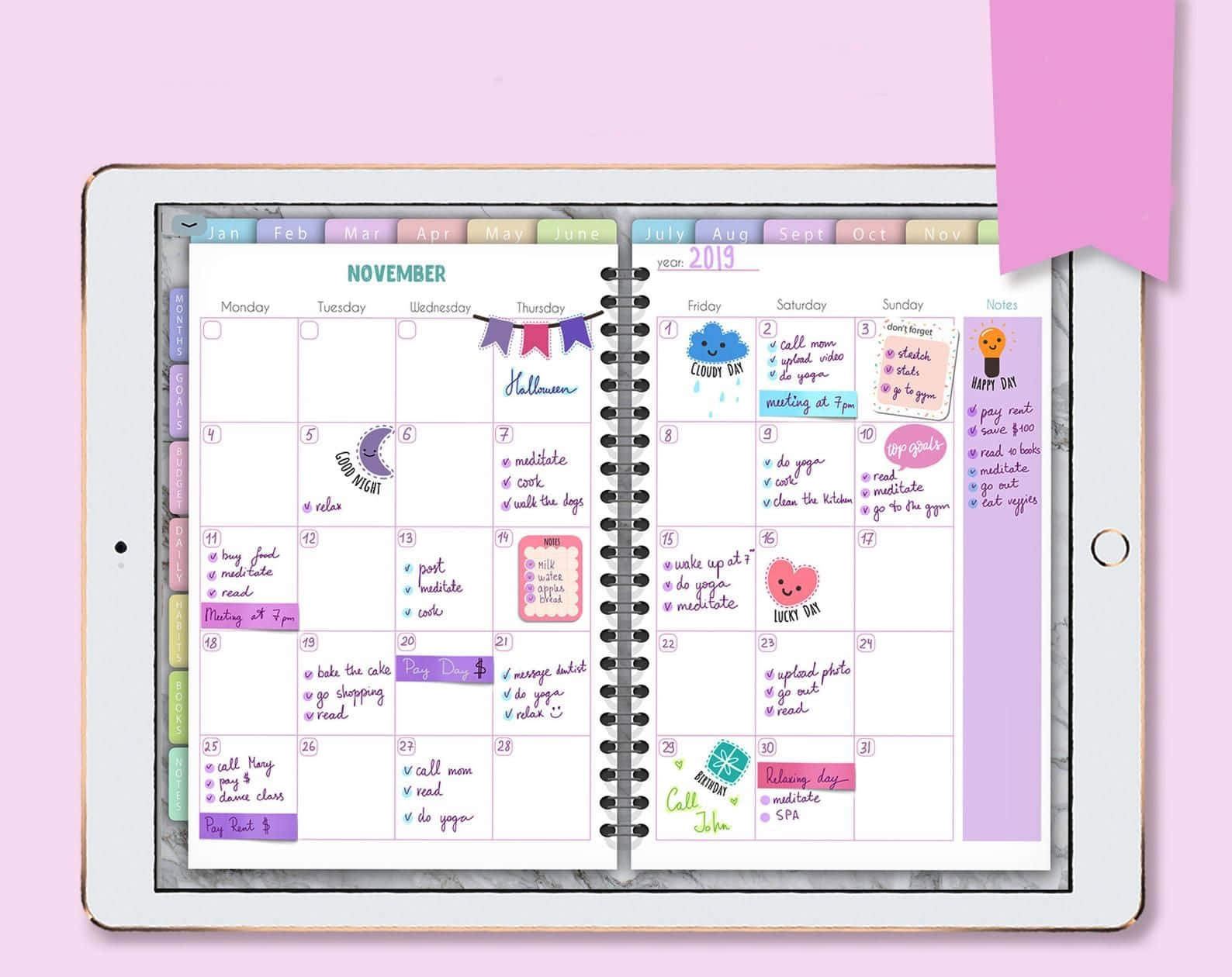 Planner 桌布 壁紙 — 在平板電腦上展示色彩繽紛的手寫2019年11月計劃表，附有貼紙和筆記，用於日常任務和活動。