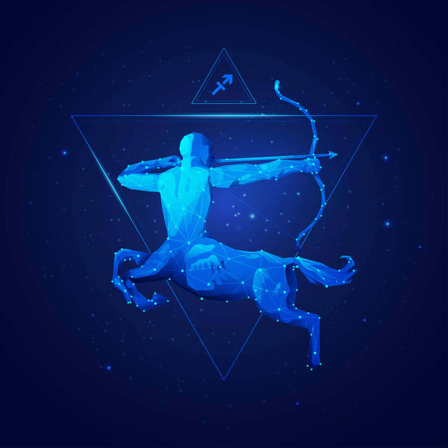 sagittarius 桌布 壁紙 — 在幾何三角形框起的星空夜空中，一個發光的藍色低多邊形半人馬弓箭手。