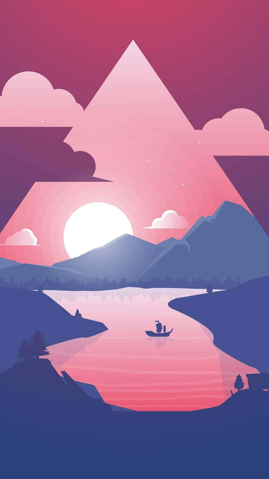 Lake 桌布 壁紙 — 在幾何天空下，山脈上風格化的粉紅和紫色日落，反射的河流上有一艘孤獨的小船。
