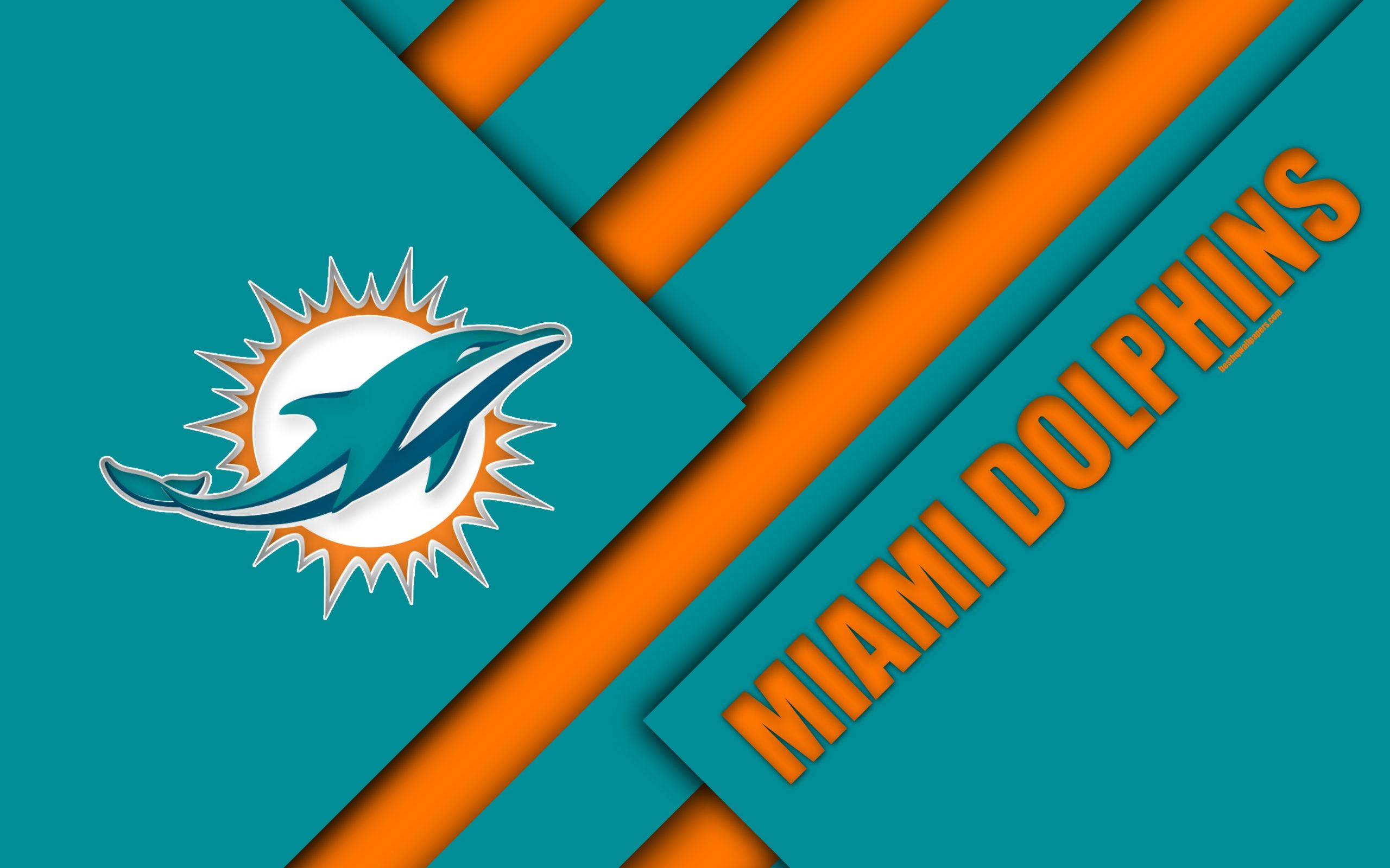 dolphins 桌布 壁紙 — 在幾何對角線背景上，邁阿密海豚隊標誌和隊名以青綠色和橙色呈現。