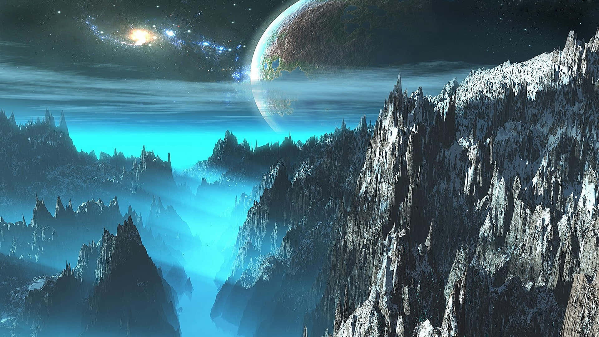 1920X1080 桌布 壁紙 — 在廣闊的宇宙天空下，鋸齒狀的外星山脈沐浴在空靈的藍光中，伴隨著發光的星系和遙遠的行星。