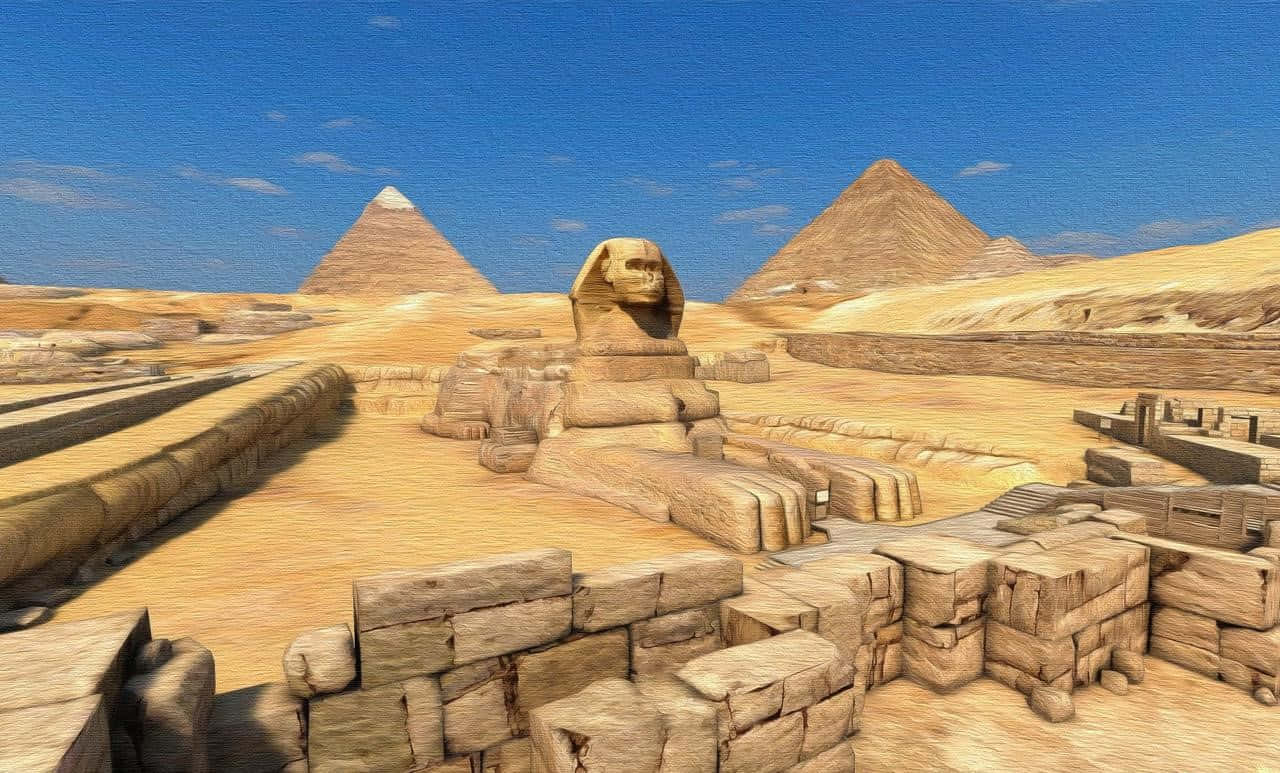 3D 桌面 桌布 壁紙 — 在廣闊的沙漠景觀中，一座雄偉的石獅身人面像在清澈的藍天下守護著古老的金字塔。