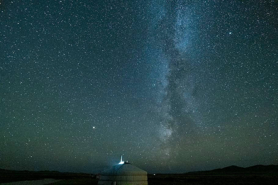 夜空 桌布 壁紙 — 在廣闊的沙漠景觀中，蒙古包在星空下閃耀，銀河在頭頂拱起。
