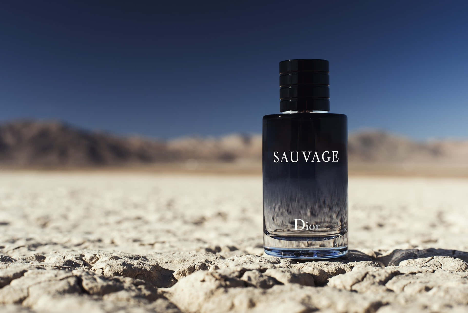 Dior 動態 桌布 壁紙 — 在廣闊的藍天下，一個時尚的黑色 Dior Sauvage 香水瓶獨自立在龜裂的沙漠土地上。