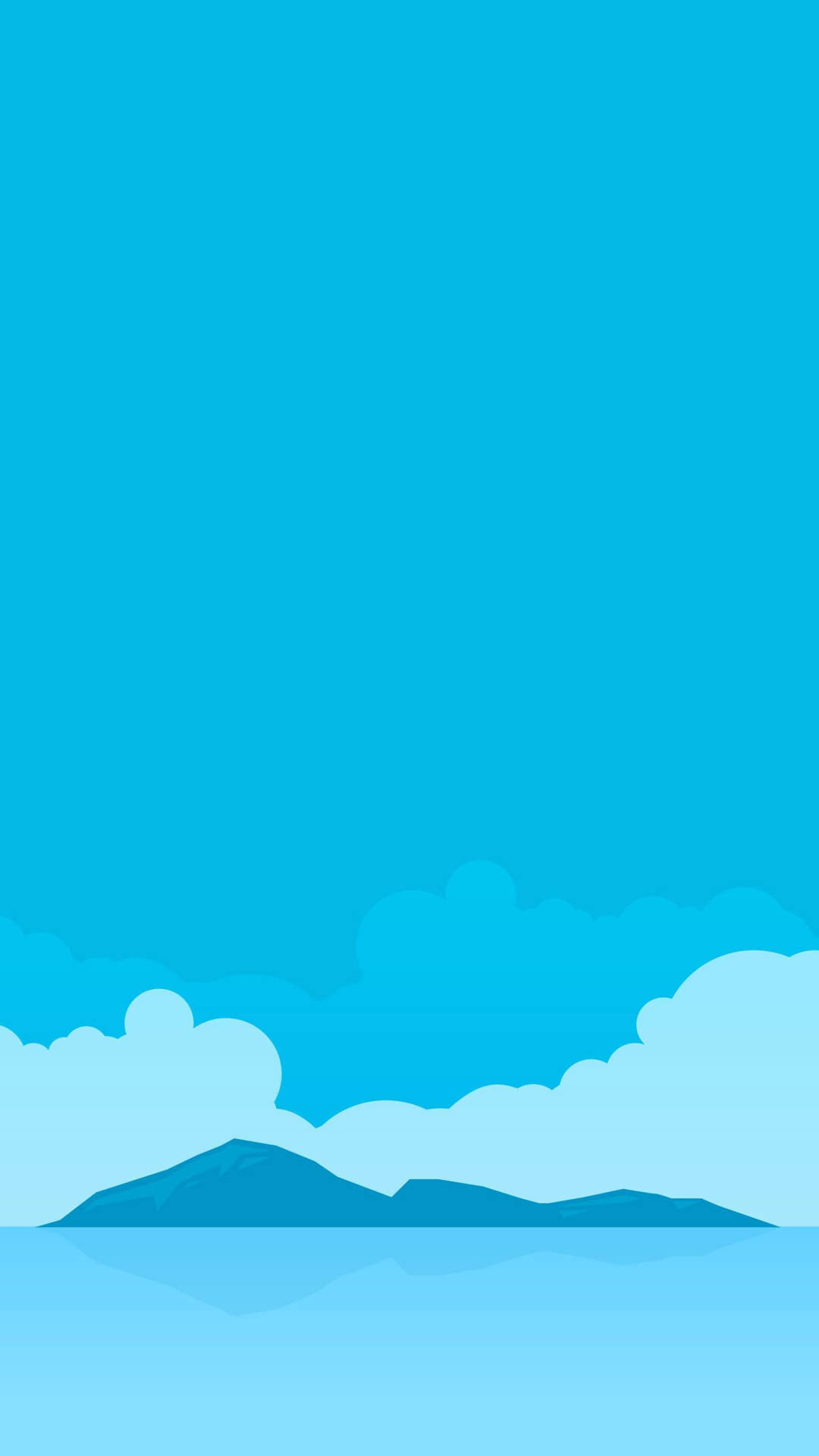 在藍天白雲下，水面倒映著山脈的寧靜極簡場景。 — 簡約 Android 桌布 壁紙