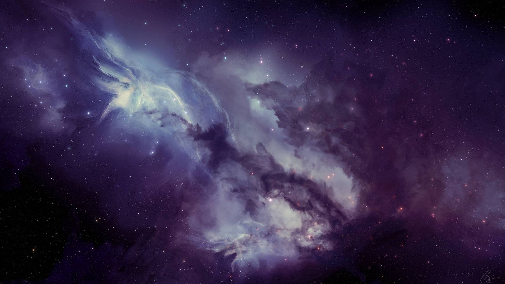銀河 桌布 壁紙 — 在廣闊黑暗太空的星場中，一個宇宙星雲以深紫色和發光的藍色旋轉。