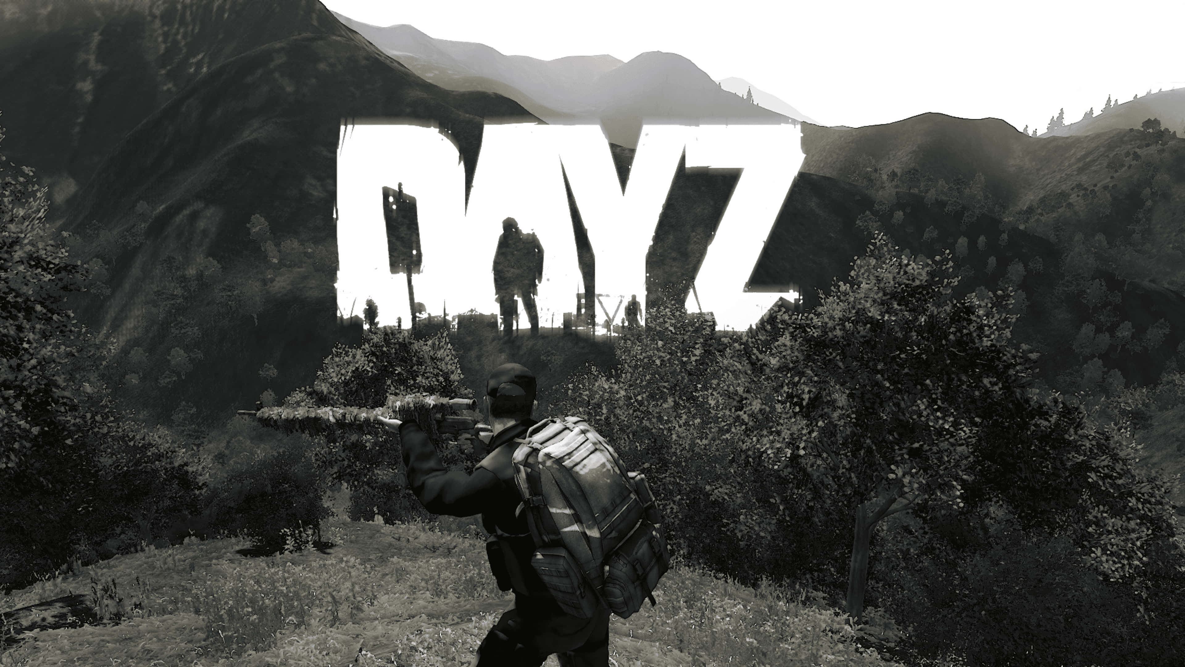 game 桌布 壁紙 — 在後末日世界中，一名孤獨的倖存者將步槍瞄準遠處的山丘，山丘上以醒目的白色大字刻著DAYZ。