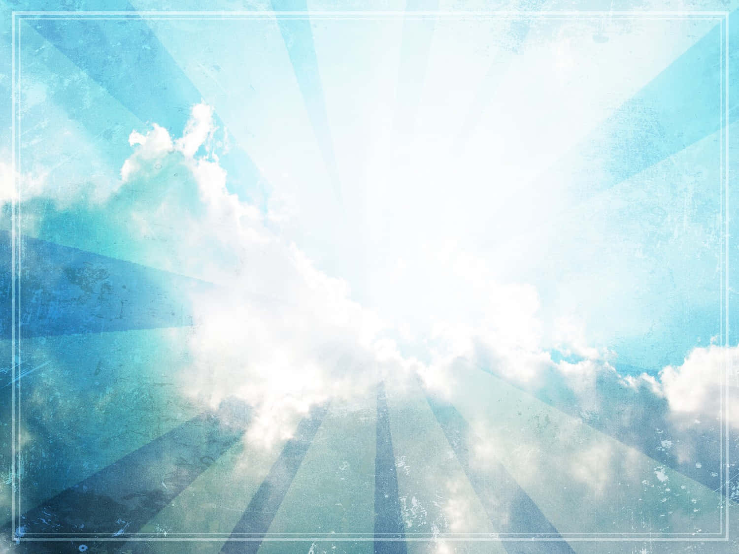 Powerpoint Worship 桌布 壁紙 — 在復古藍天中，耀眼的陽光穿透有紋理的雲層，搭配破舊的框架。