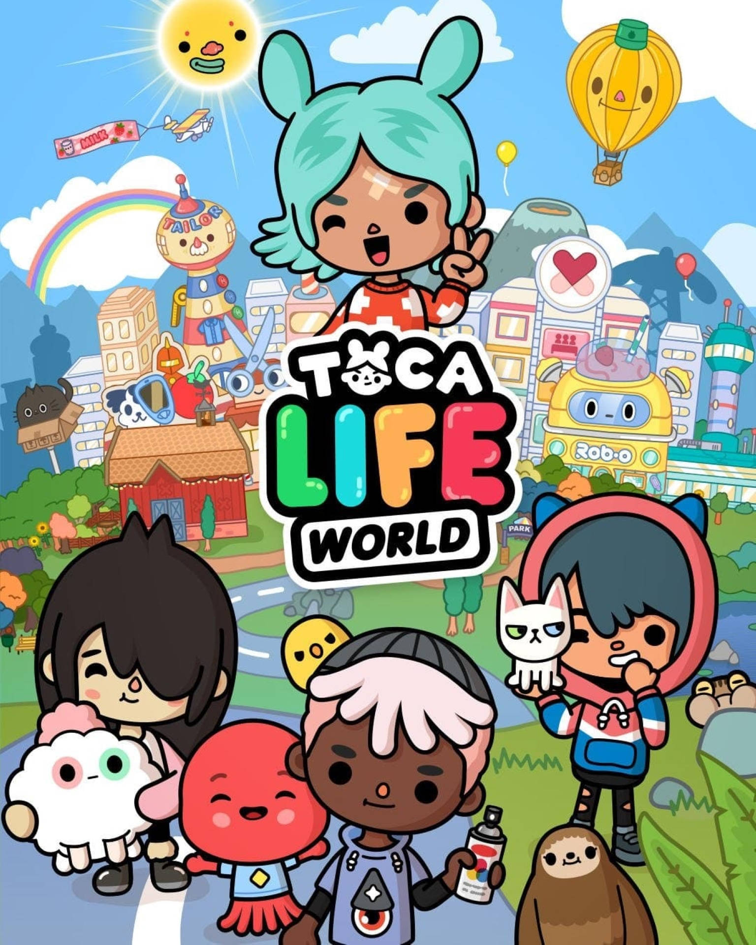 Toca 桌布 壁紙 — 在微笑的太陽下，一個色彩繽紛、充滿奇思妙想的小鎮中，各種Toca Life World角色的生動卡通插圖。