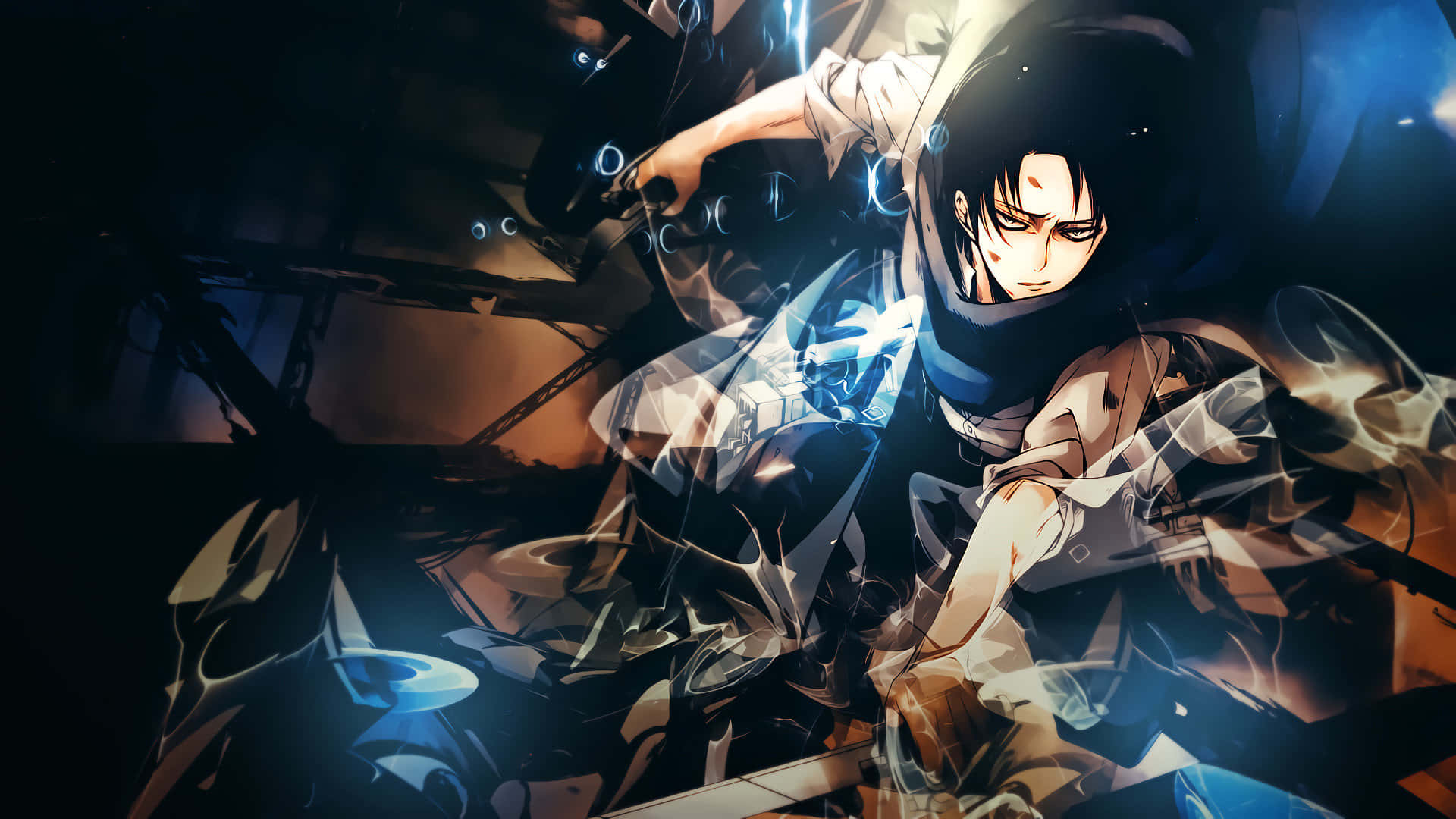 Levi Ackerman Desktop 桌布 壁紙 — 在戲劇性燈光下，一位動漫戰士在破碎的瓦礫中以發光的藍色攻擊姿態站立。