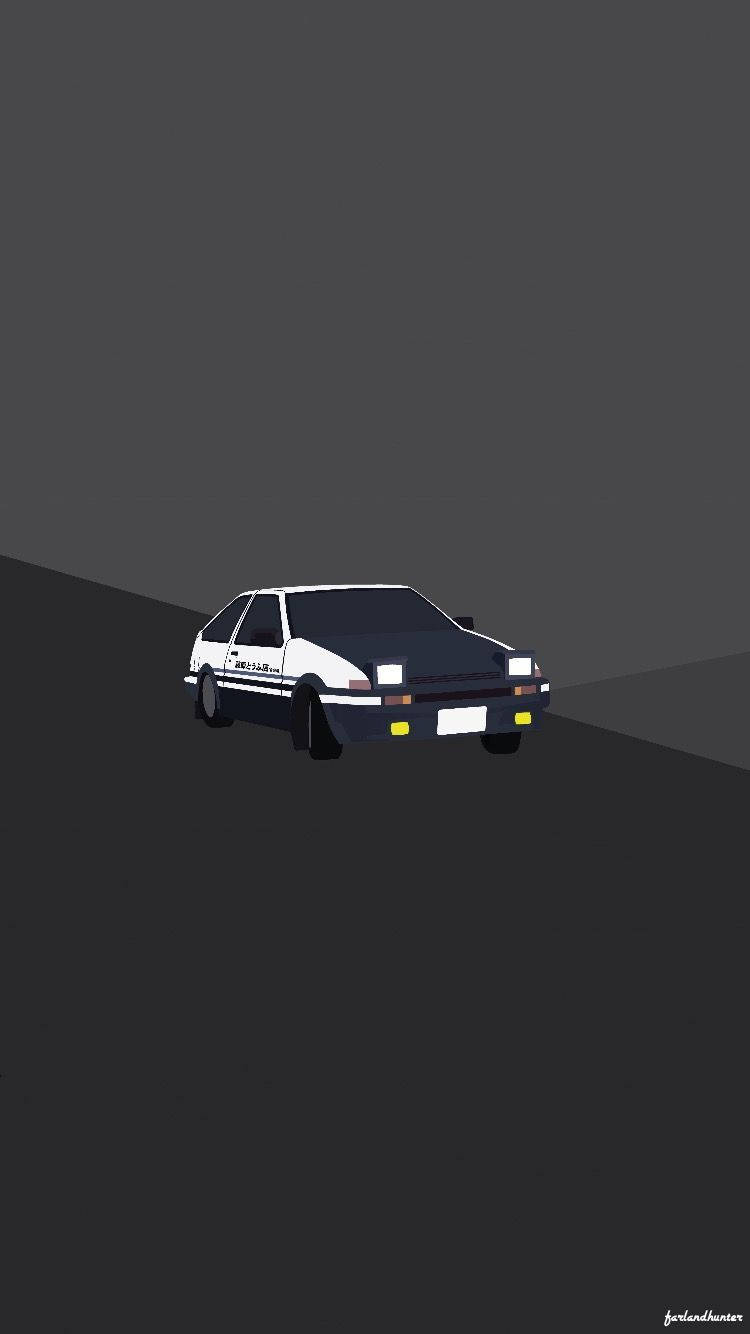 Initial 桌布 壁紙 — 在戲劇性燈光下，深灰色斜坡上白色和黑色AE86跑車的極簡數位藝術渲染。