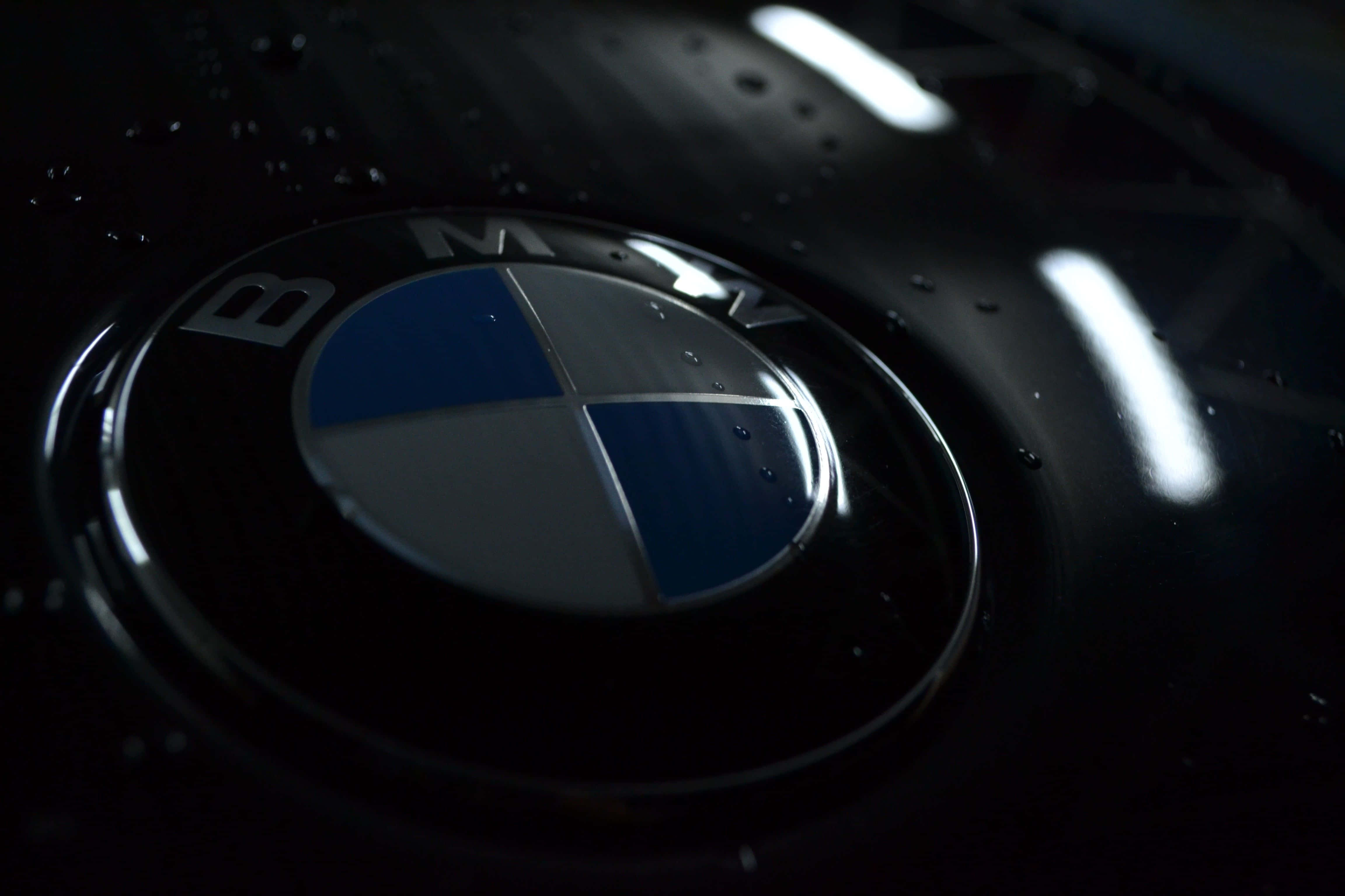 Bmw Logo 桌布 壁紙 — 在戲劇性的低調燈光下，水滴閃閃發光的汽車引擎蓋上濕潤的BMW標誌特寫。