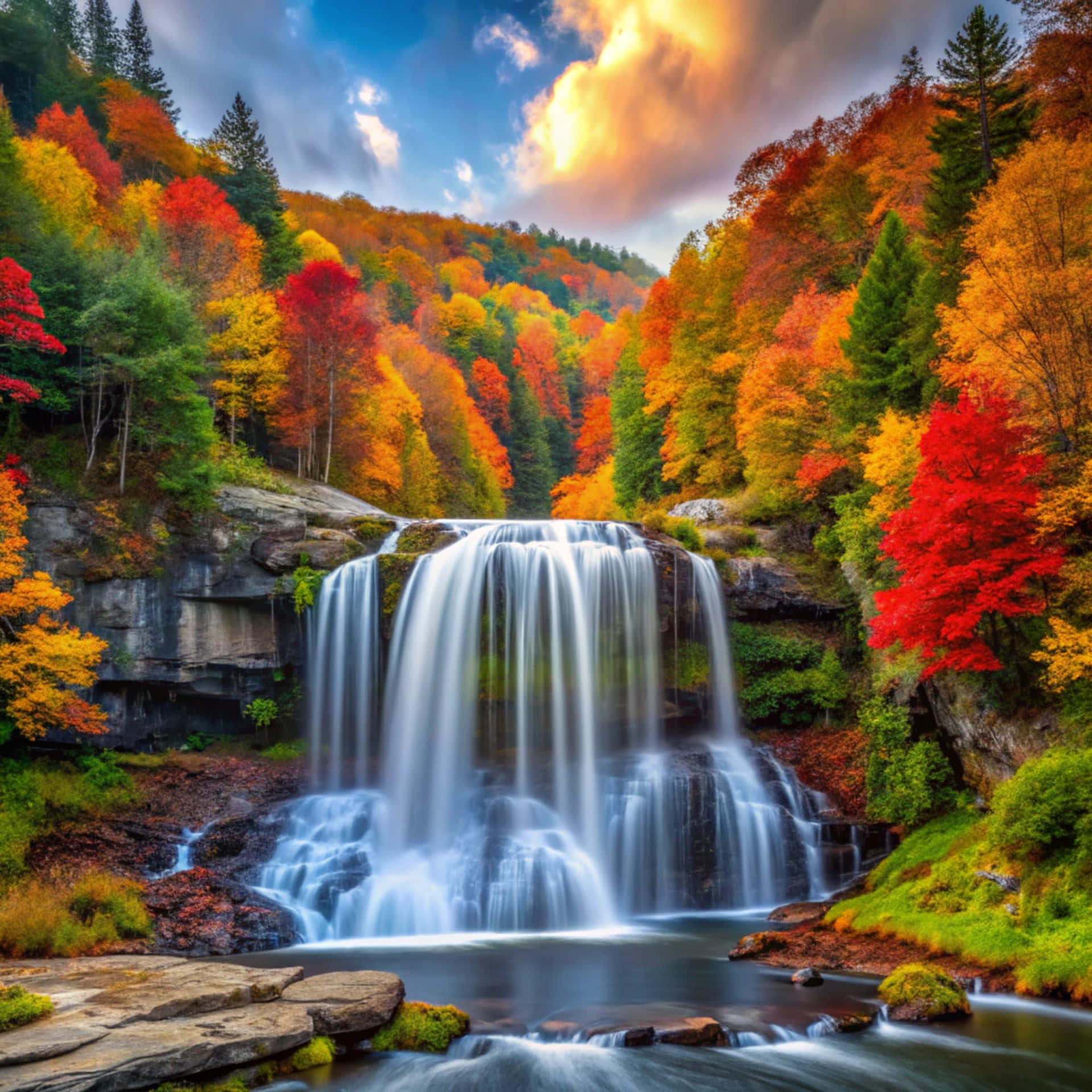 Majestic colorful waterfall in the forest 壁紙 — 在戲劇性的多雲天空下，一道雄偉的瀑布穿過充滿活力的秋日森林，樹葉呈現火紅、橙色和金色。