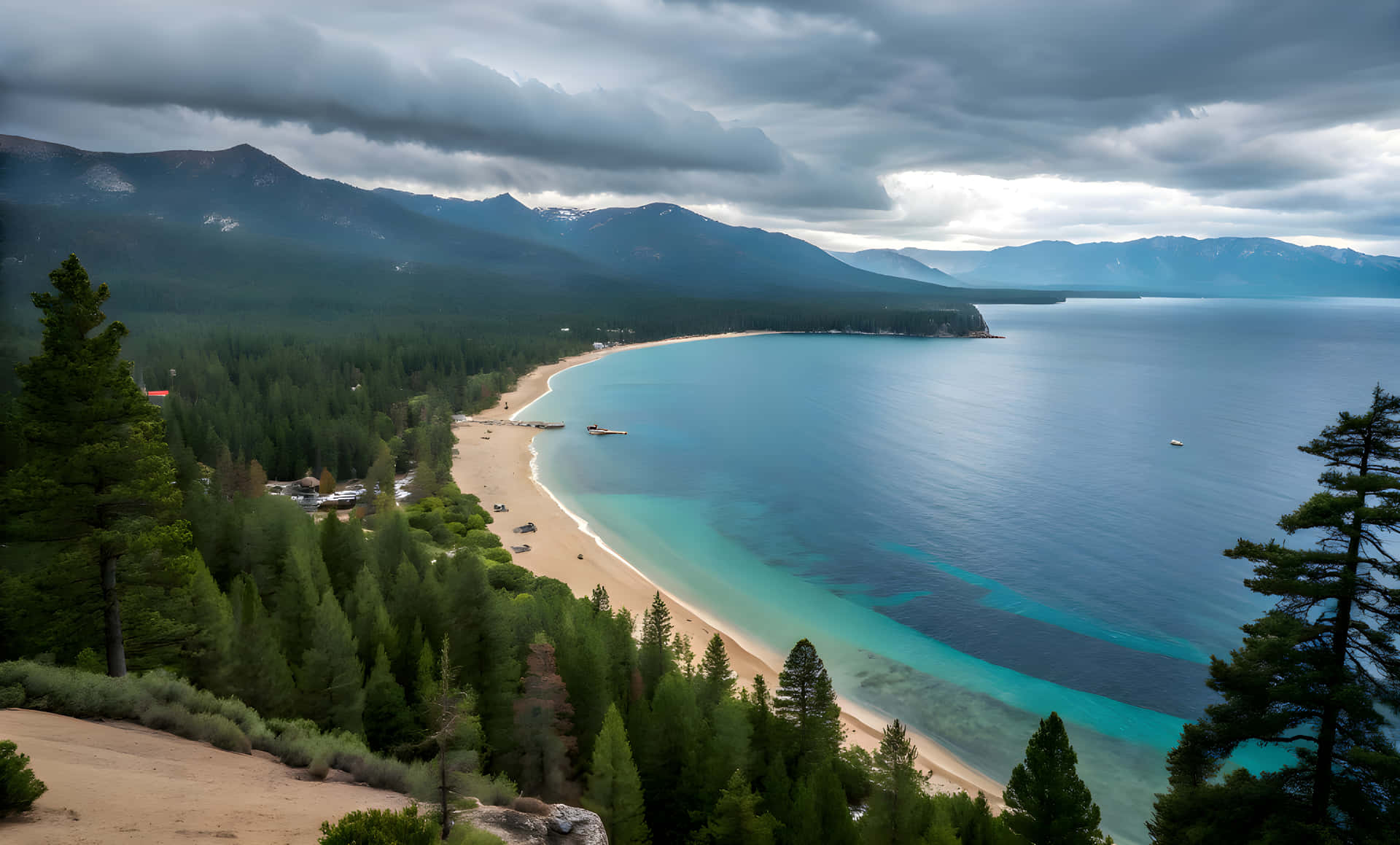 A beautiful view of sea beach 壁紙 — 在戲劇性的多雲天空下，廣闊的視野中，一個碧綠色的湖泊與沙灘坐落在茂密的松林和積雪覆蓋的山脈之間。