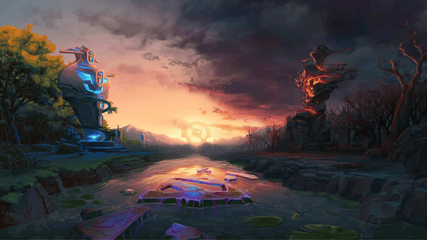 1366x768 Dota 2 桌布 壁紙 — 在戲劇性的天空下，發光的藍色和橙色遺跡夾著一條反射河流的神秘暮色場景。