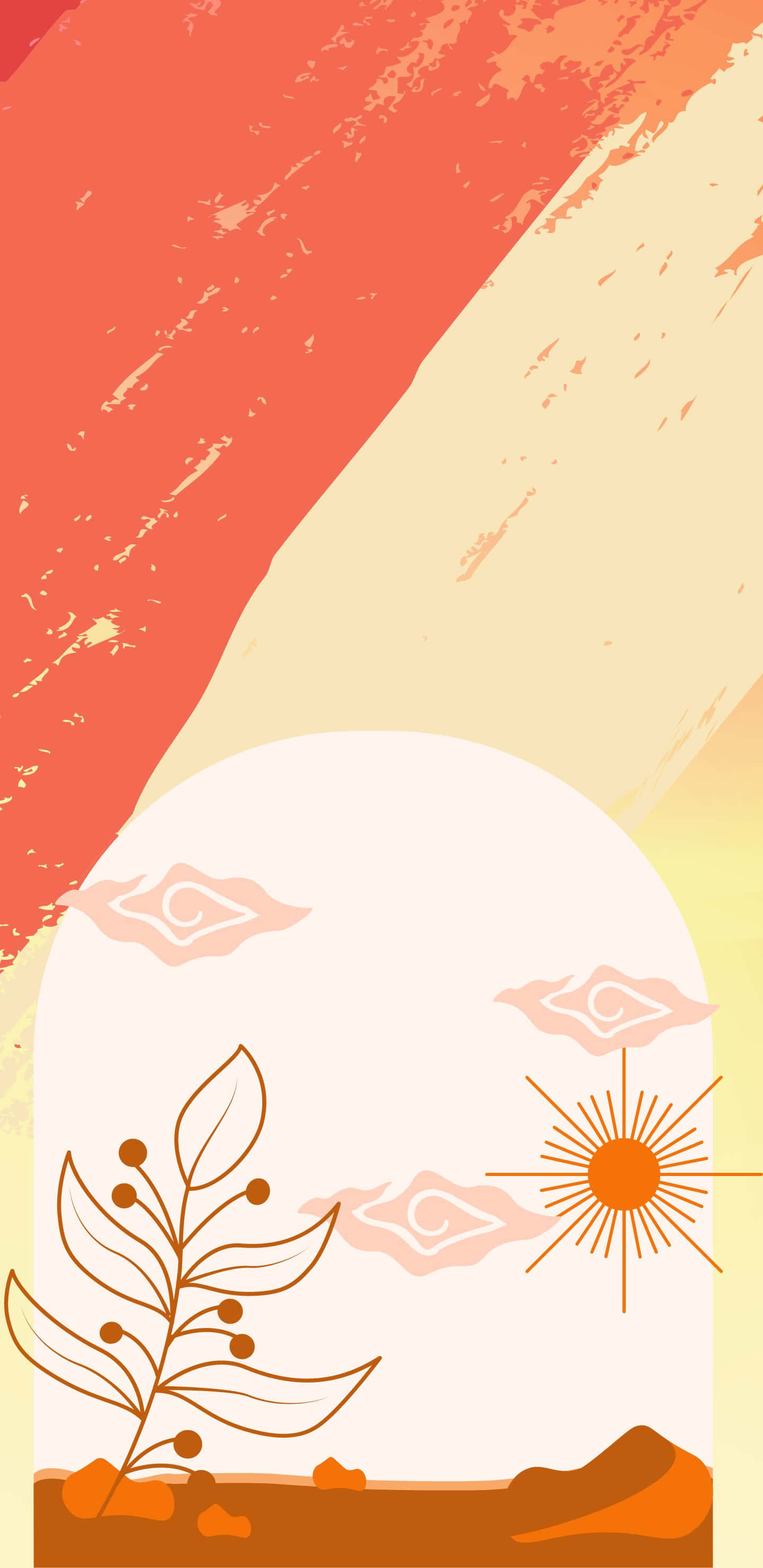 1440x2960 桌布 壁紙 — 在抽象橙色和奶油色天空下，一株向日葵植物在風格化太陽下的極簡插圖。