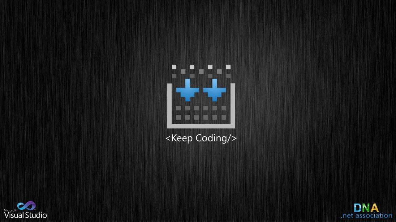 程式碼 桌布 壁紙 — 在拉絲黑色金屬背景上，帶有 <Keep Coding/> 文字和 Visual Studio 標誌的像素化藍色加號圖標。