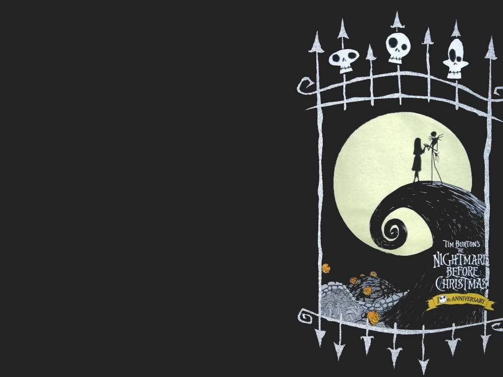 nightmare 桌布 壁紙 — 在提姆·波頓的《聖誕夜驚魂》中，傑克與莎莉的剪影站在螺旋形山丘上，蒼白的月亮被骷髏裝飾的大門框住。