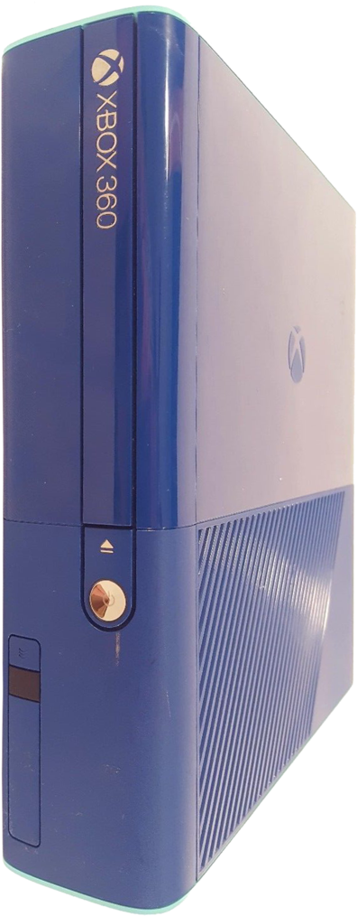 Xbox 桌布 壁紙 — 在攝影棚燈光下，一台帶有金色點綴和通風槽的時尚藍色 Xbox 360 主機。