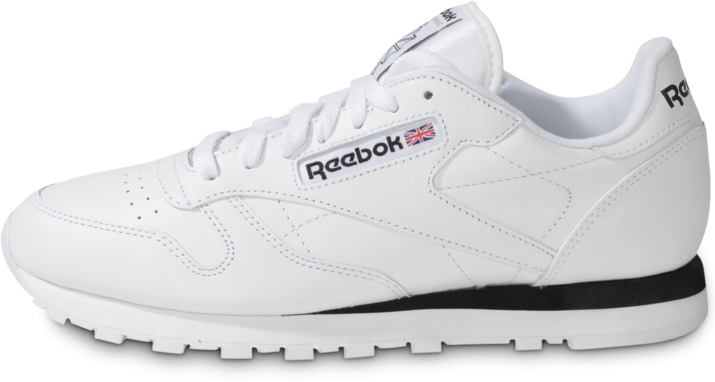 銳步 桌布 壁紙 — 在攝影棚燈光下展示的純白色 Reebok Classic 運動鞋，帶有黑色條紋和英國國旗細節。