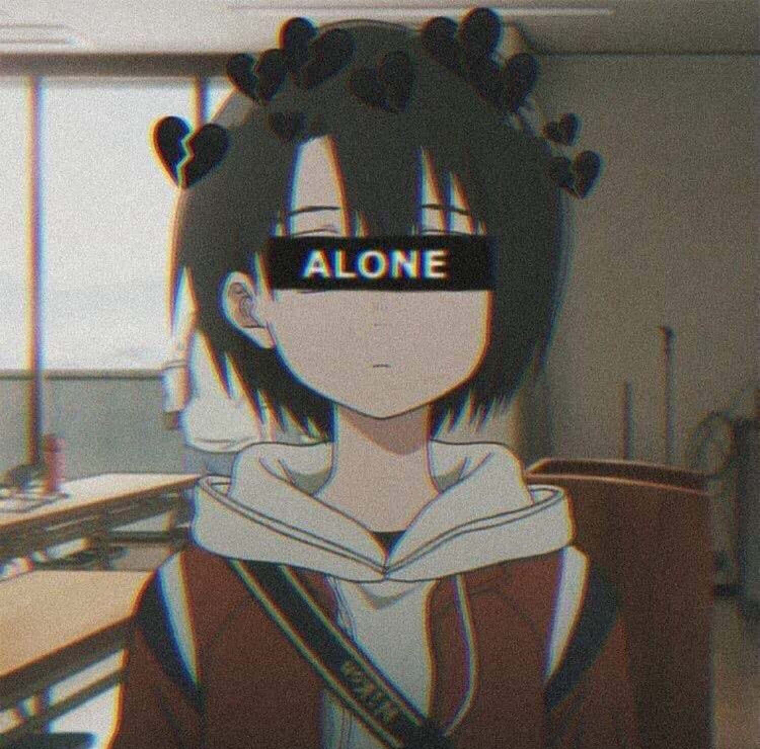 Aesthetic Anime Profile 桌布 壁紙 — 在教室中，戴著心形髮夾、眼睛上有「ALONE」字樣的動漫女孩。