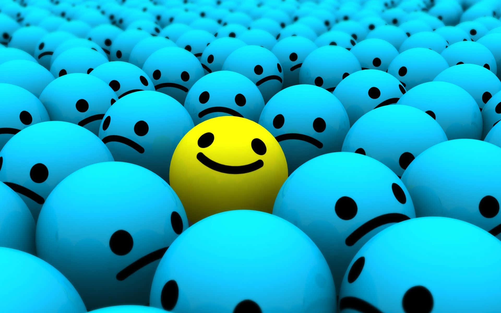 Smile 桌布 壁紙 — 在數位人群中，一個明亮的黃色笑臉在藍色皺眉臉的海洋中脫穎而出。