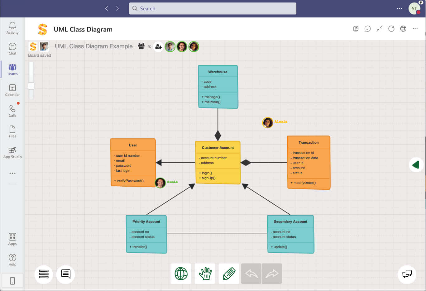Microsoft Teams 桌布 壁紙 — 在數位工作區中顯示的UML類別圖，帶有彩色方框，顯示使用者帳戶類型與倉庫交易系統之間的關係。