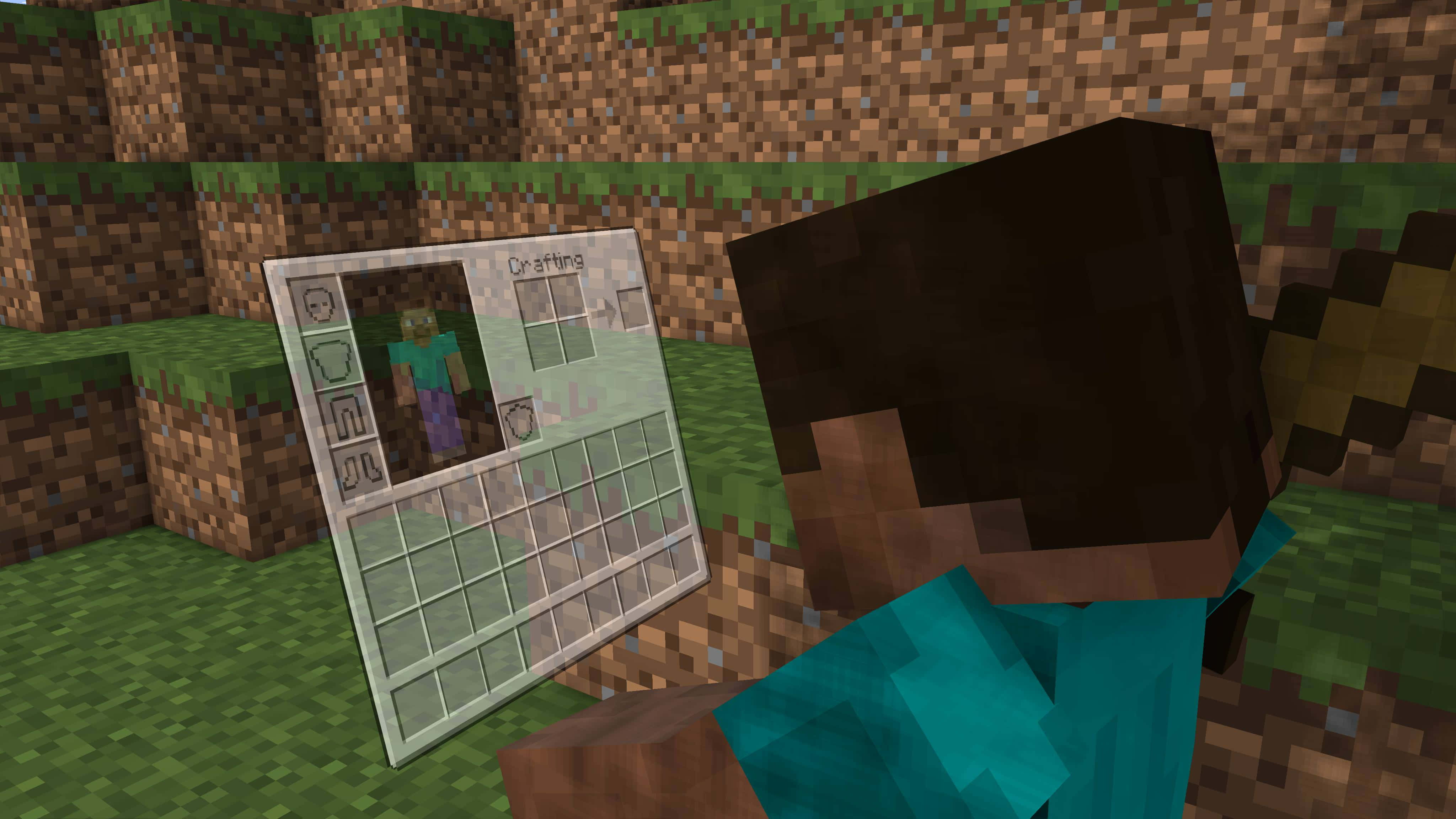 我的世界 鑽石 桌布 壁紙 — 在方塊世界中，一名Minecraft玩家在長滿草的泥土山坡上打開合成選單。