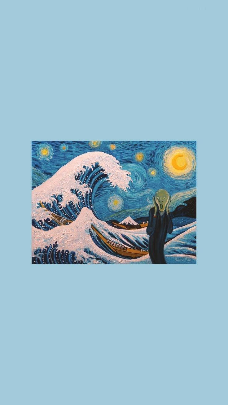 Blue Art 桌布 壁紙 — 在旋轉的星空下，將《吶喊》中尖叫的人物與北齋的巨浪融合的超現實冬季場景。