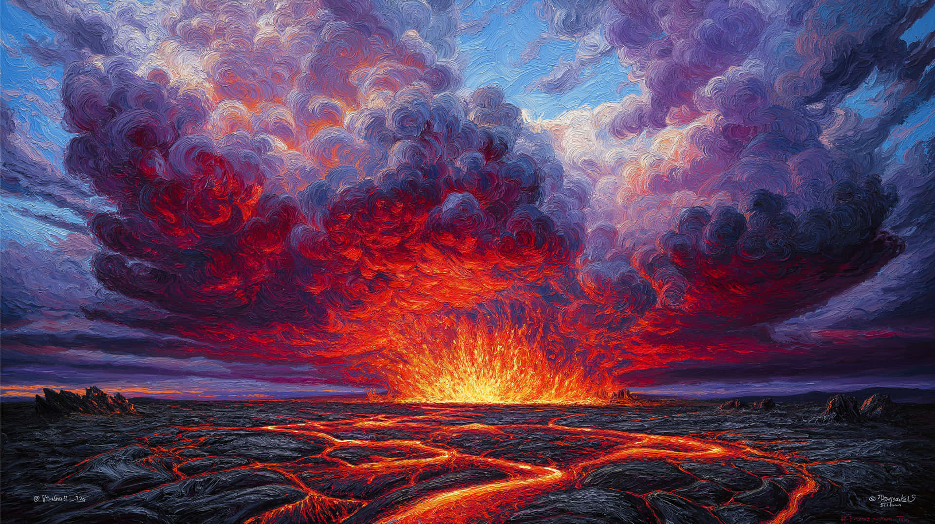 Explosive Volcanic Eruption with Dramatic Fiery Clouds 壁紙 — 在旋轉的紅色、紫色和藍色天空下，火山爆發將熾熱的熔岩河流送過焦黑的景觀。