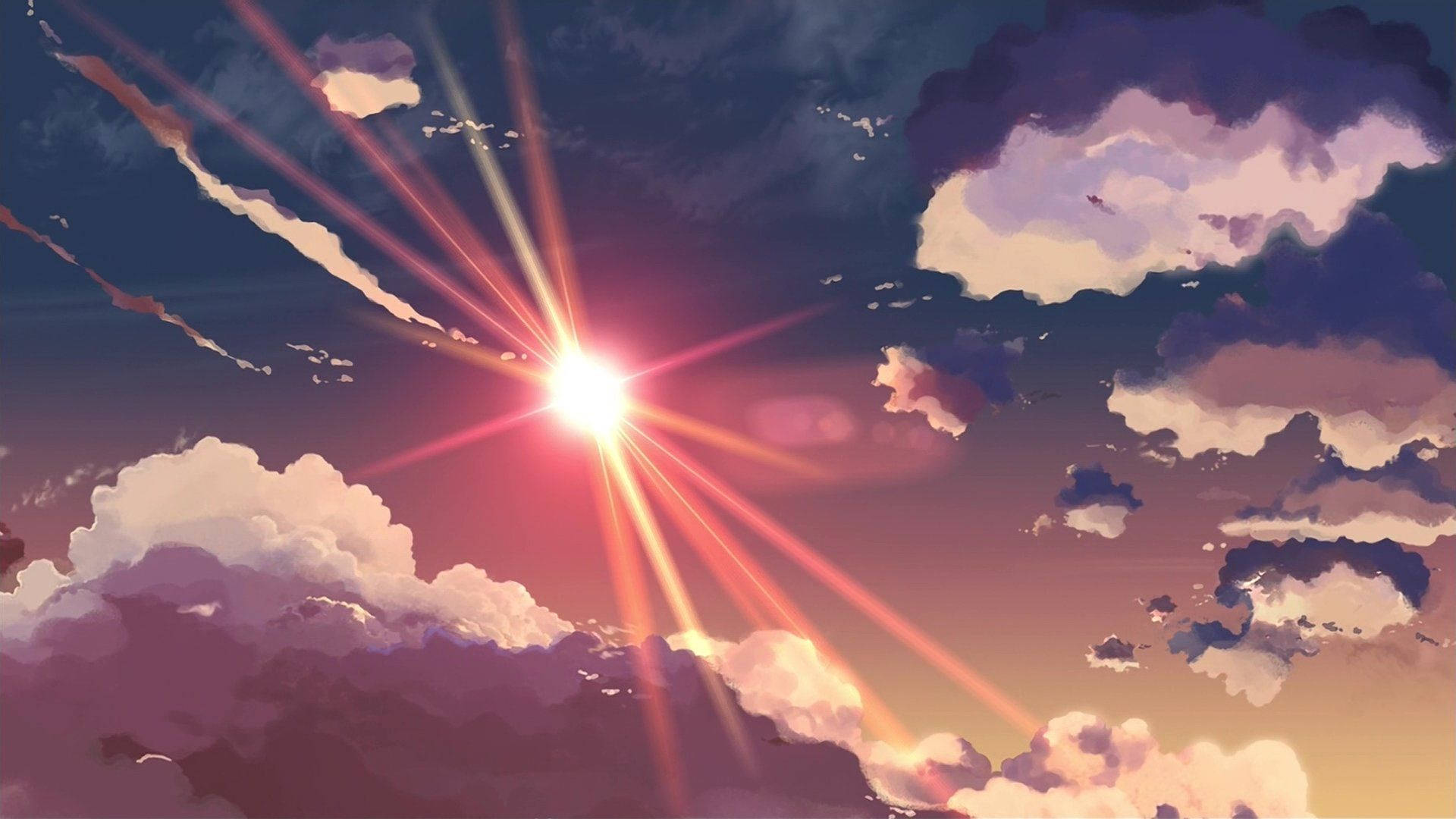 動畫風景 桌布 壁紙 — 在日落時分，一道燦爛的陽光穿透夢幻動漫天空中的紫色和粉紅色雲層。