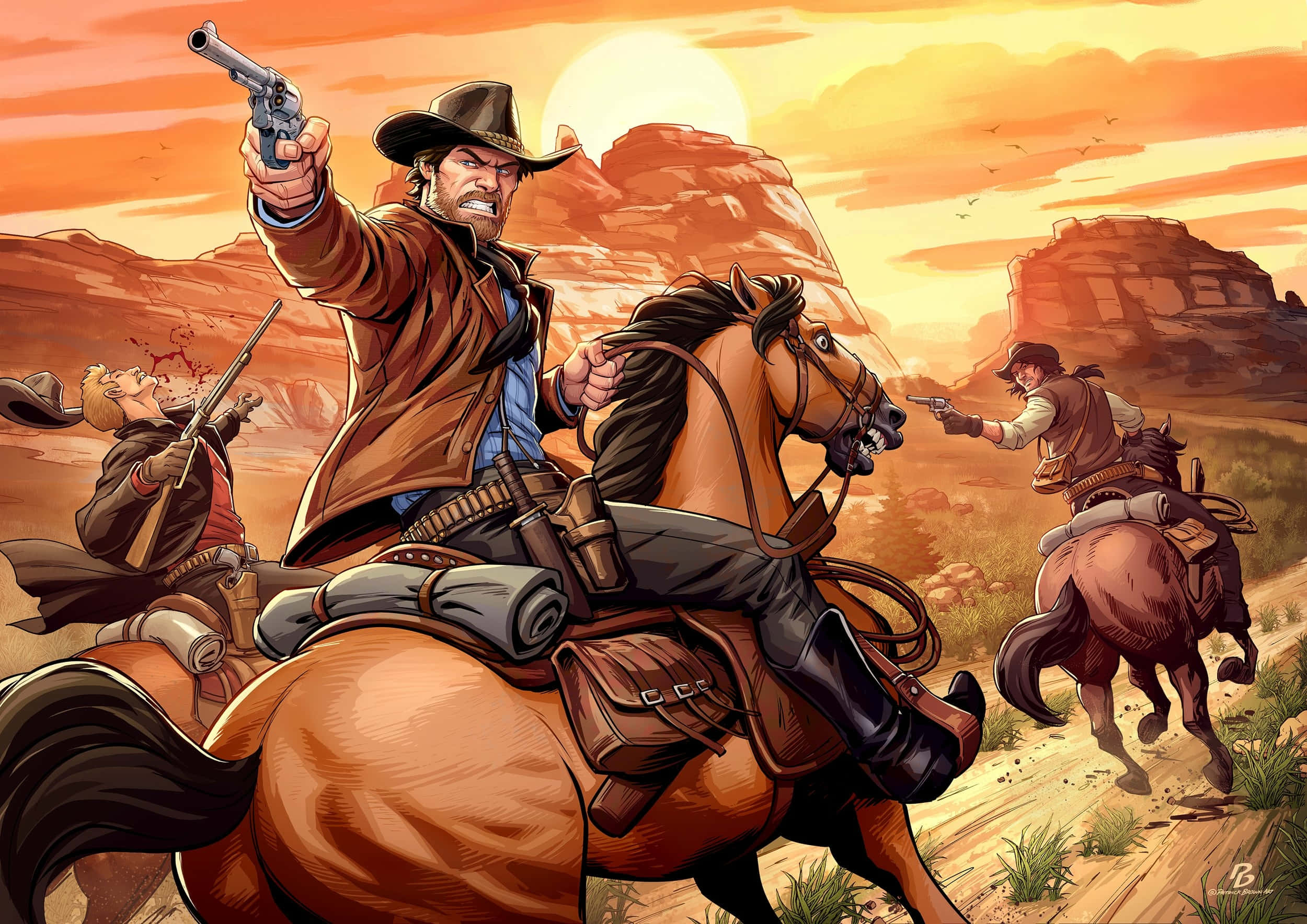 arthur morgan 桌布 壁紙 — 在日落時分的塵土飛揚的沙漠峽谷中，一名牛仔騎著奔騰的馬，用左輪手槍瞄準兩個對手。