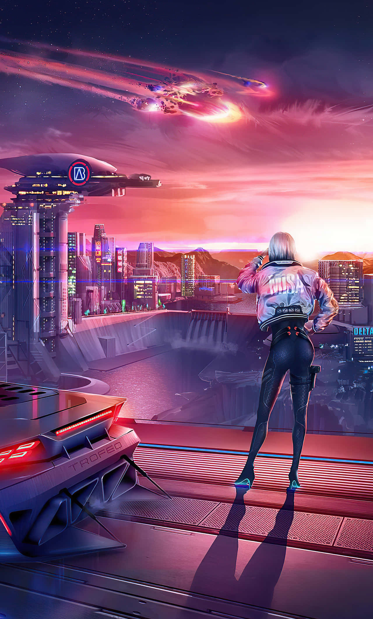 Cyberpunk Night City 桌布 壁紙 — 在日落時分的未來城市中，一個孤獨的身影凝視著發光的太空船劃過霓虹天空。