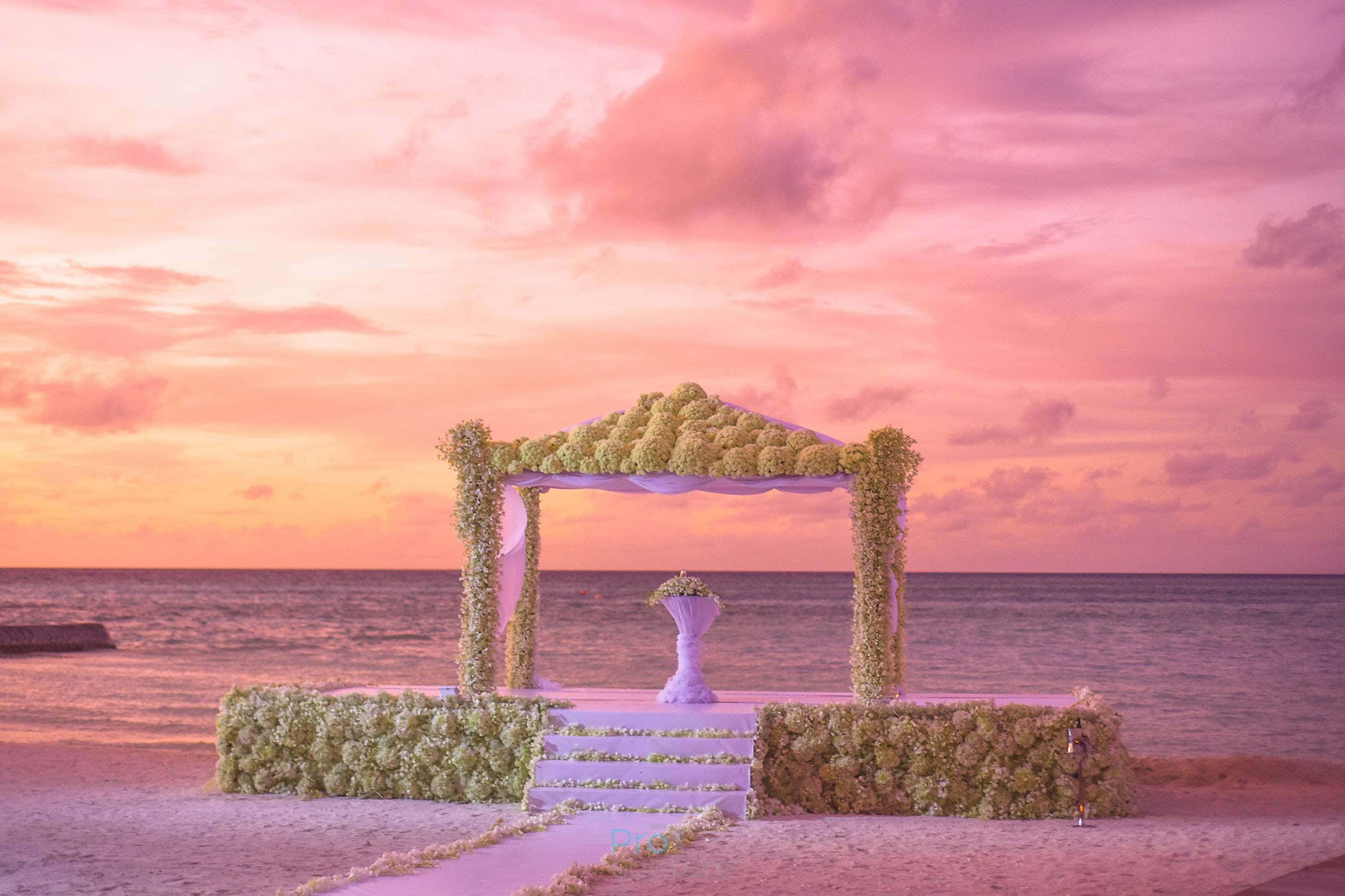 Wedding 桌布 壁紙 — 在日落時分的海灘上，一個花卉婚禮拱門，天空呈粉紅色和橙色，海洋平靜。