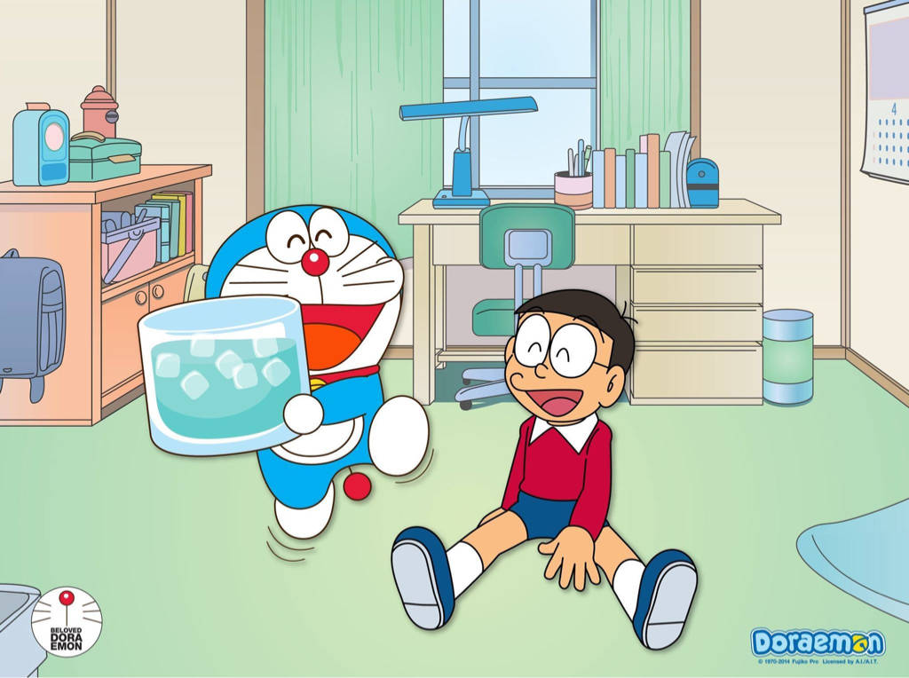 Doraemon 桌布 壁紙 — 在明亮又凌亂的日本教室裡，哆啦A夢和大雄開心地分享一個巨型冰塊。