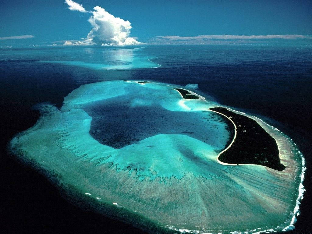 Palau 桌布 壁紙 — 在明亮天空下，一個壯麗環礁的航拍圖，有藍綠色潟湖，被深藍色海洋和白色沙灘包圍。