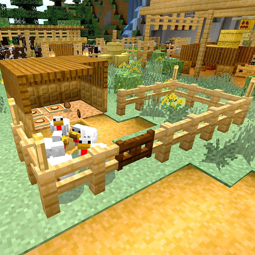 Minecraft Bedrock Edition 桌布 壁紙 — 在明亮日光下，一個像素化的Minecraft農場，有木柵欄、雞和農作物。