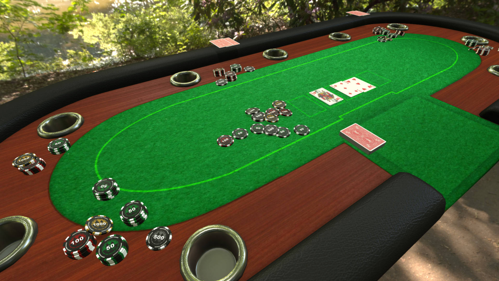 Poker 桌布 壁紙 — 在明亮日光下，一張帶有綠色絨布和散落籌碼的撲克桌的數位渲染。
