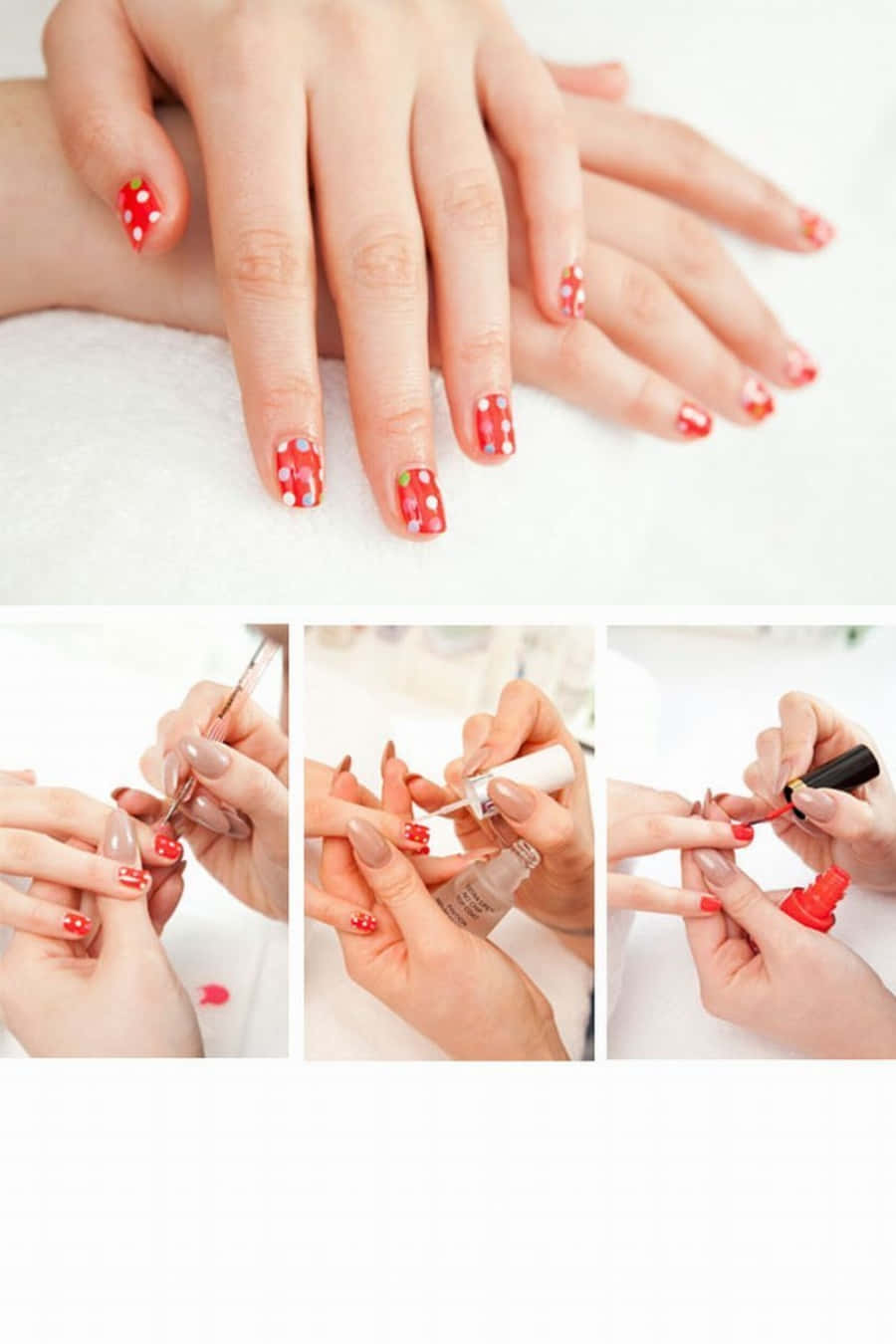 Nail 桌布 壁紙 — 在明亮潔淨的攝影棚中，正在塗上草莓主題美甲的手部特寫。
